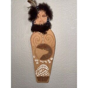Vtg. Southwestern Clay Spirit Plaque Wall Mask Fur & Beads + Ceramic Figurine